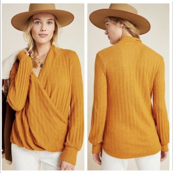 Anthropologie Maeve Rafela hacci surplice mustard sweater Small - Picture 10 of 10